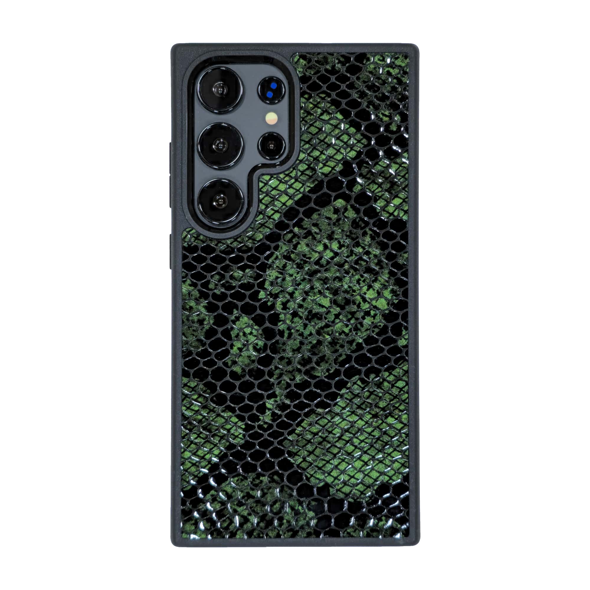 Samsung-Galaxy-S26-Ultra-phone-case-PL02 قاب چرمی سامسونگ Galaxy S26 Ultra مگ سیف چرم طبیعی رنگ سبز مشکی چرم پیری کد PL02